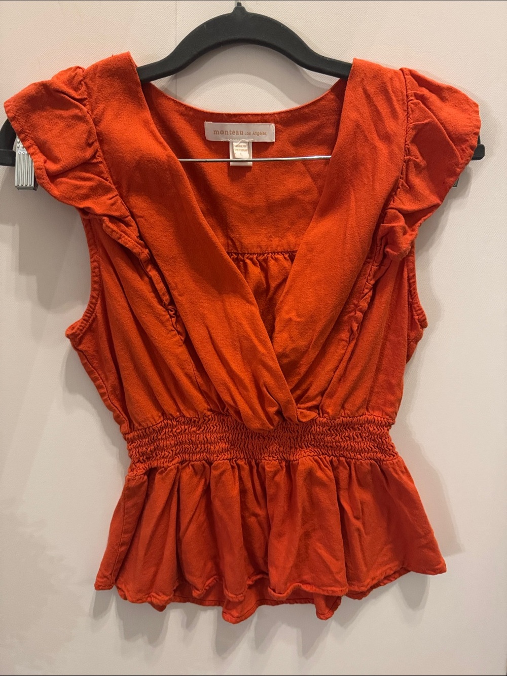 Monteau Orange Deep V Ruffled Peplum Blouse Size Large